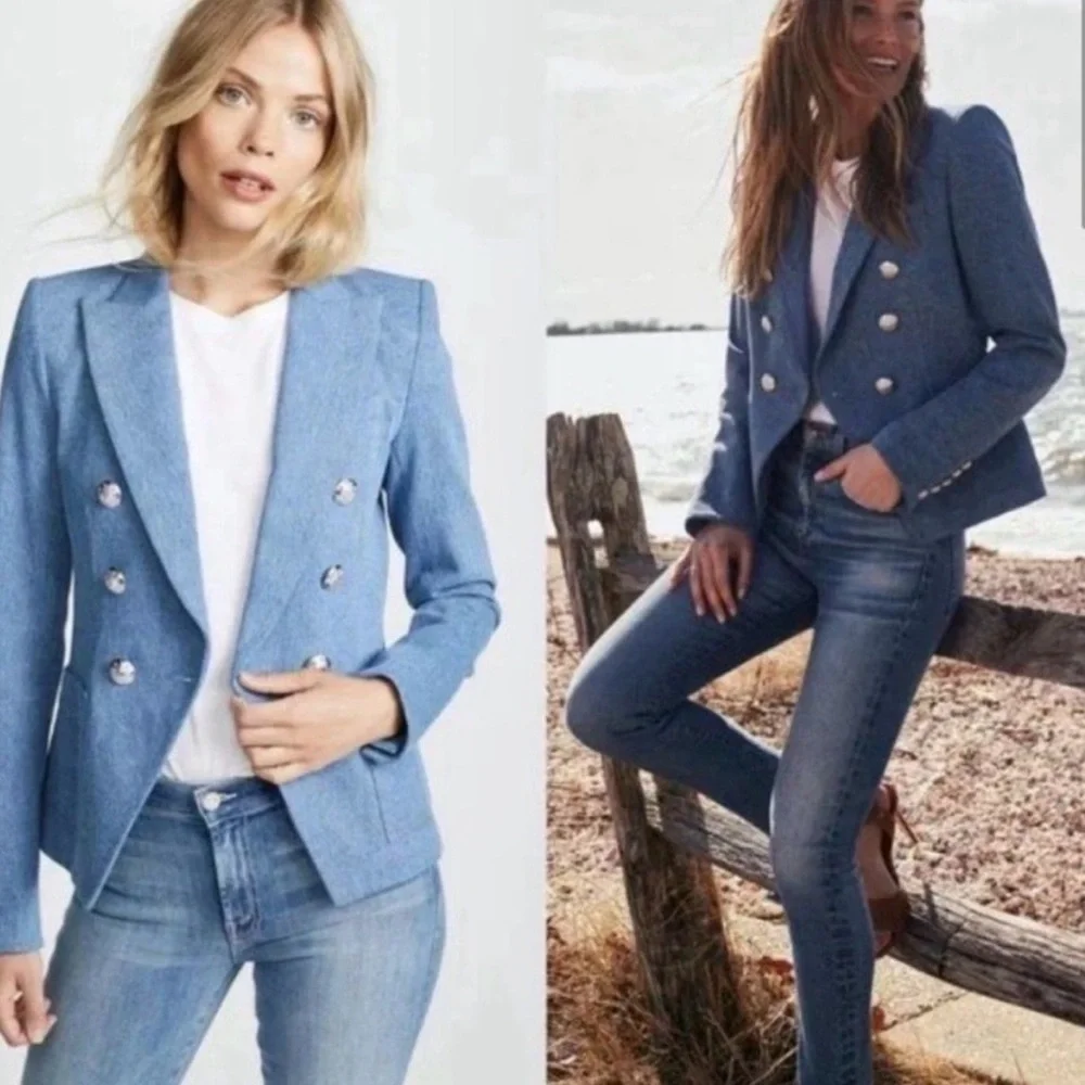 Veronica Beard Miller Dickey Jacket Light Blue Denim Blazer with Silver Buttons - Picture 1 of 14